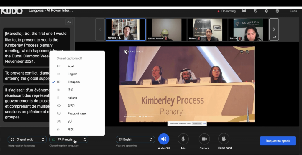 ai interpreting panel of kudo ai and people talking and interpretaion taking action in the spot