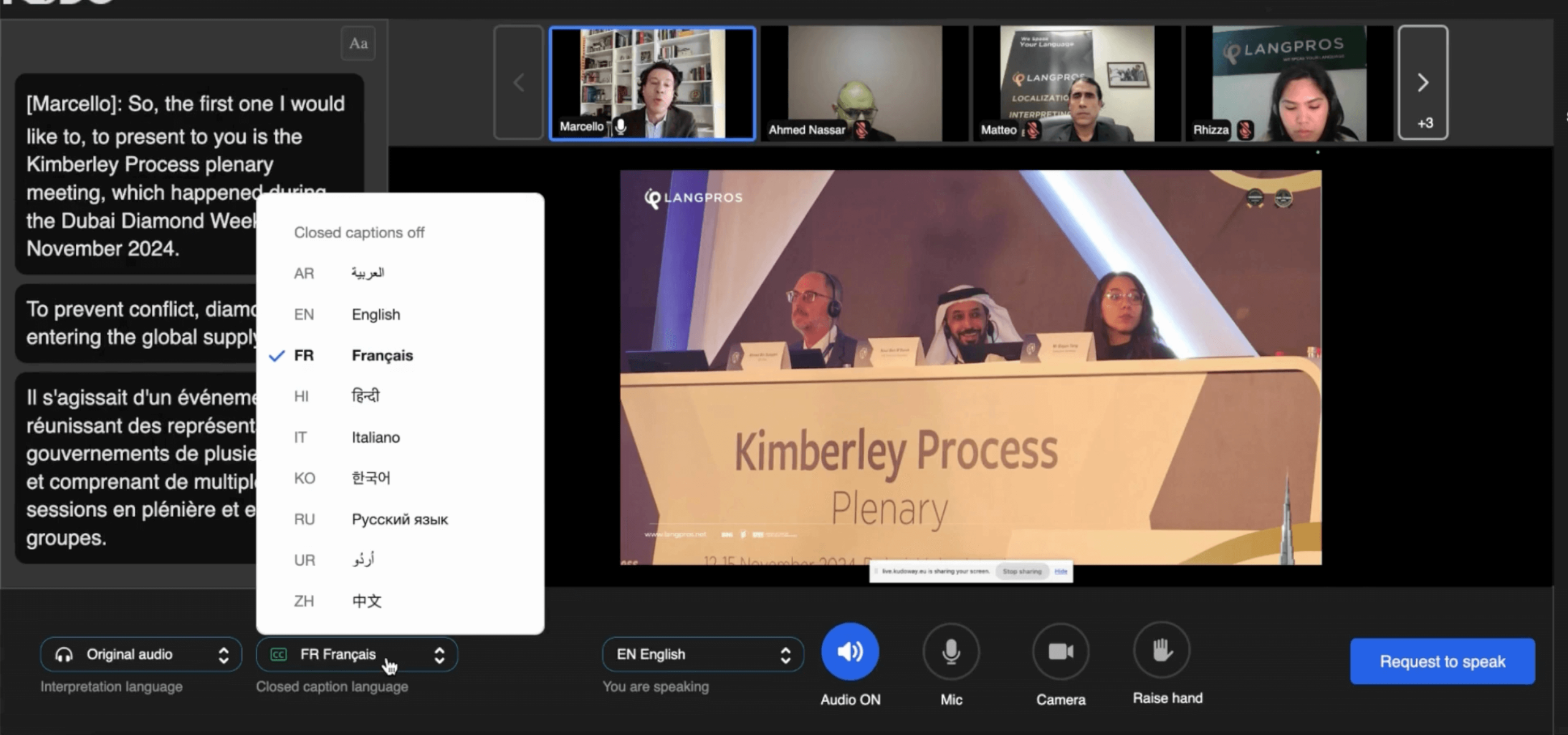 ai interpreting panel of kudo ai and people talking and interpretaion taking action in the spot